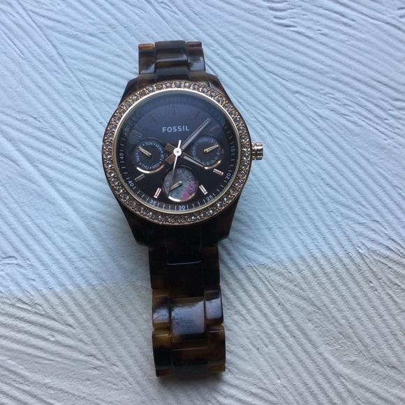 Fossil Tortoiseshell Watch With Rose Gold, Shell & Crystal Accents - Picture 8 of 9
